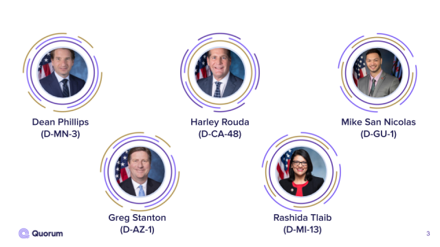 Headshots of Dean Phillips, Harley Rouda, Mike San Nicolas, Greg Stanton, and Rashida Tlaib