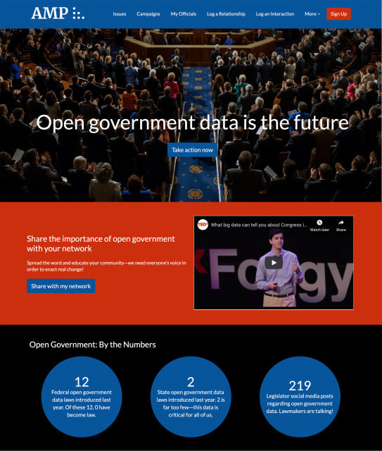 Screenshot of AMP's homepage demonstrating Open Government statistics