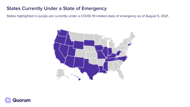 Map of the states in the US that are under a state of emergency due to COVID-19 in August 2021
