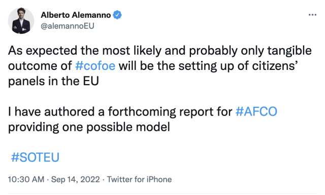 Screenshot of a tweet from Alberto Alemanno