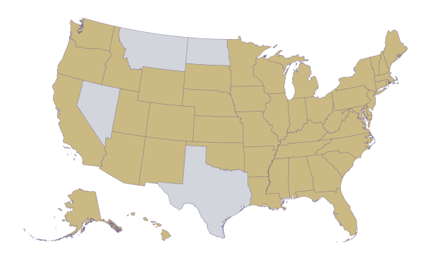 US map showing states in tan with Montana, Nevada, Texas, and North Dakota highlighted in light gray, indicating 2026 legi...