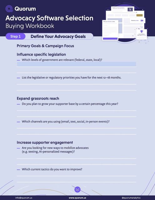 Quorum Advocacy Software Selection Buying Workbook Step 1 form defining advocacy goals including legislation influence, gr...