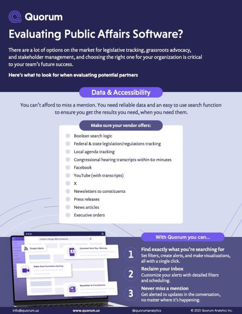 Quorum public affairs software evaluation guide showing data accessibility features, vendor requirements checklist, and ke...