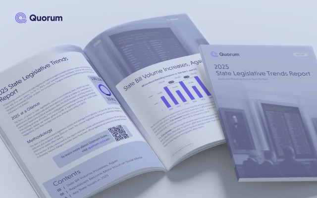 Quorum 2025 State Legislative Trends Report showing open pages with bar chart on state bill volume increases and contents ...