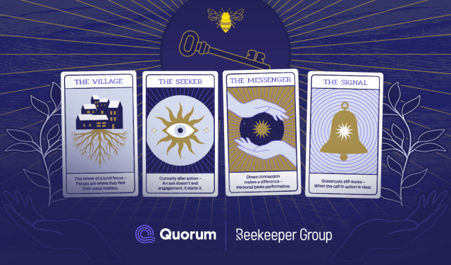 Four tarot cards titled The Village, The Seeker, The Messenger, and The Signal representing advocacy strategies by Quorum ...