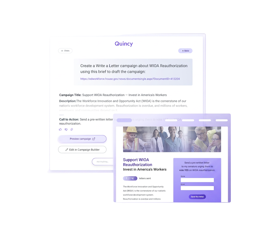 Campaign Builder Agent interface showing Quincy generating a Write a Letter campaign from a source URL, with preview of a Support WIOA Reauthorization campaign and sign-up form