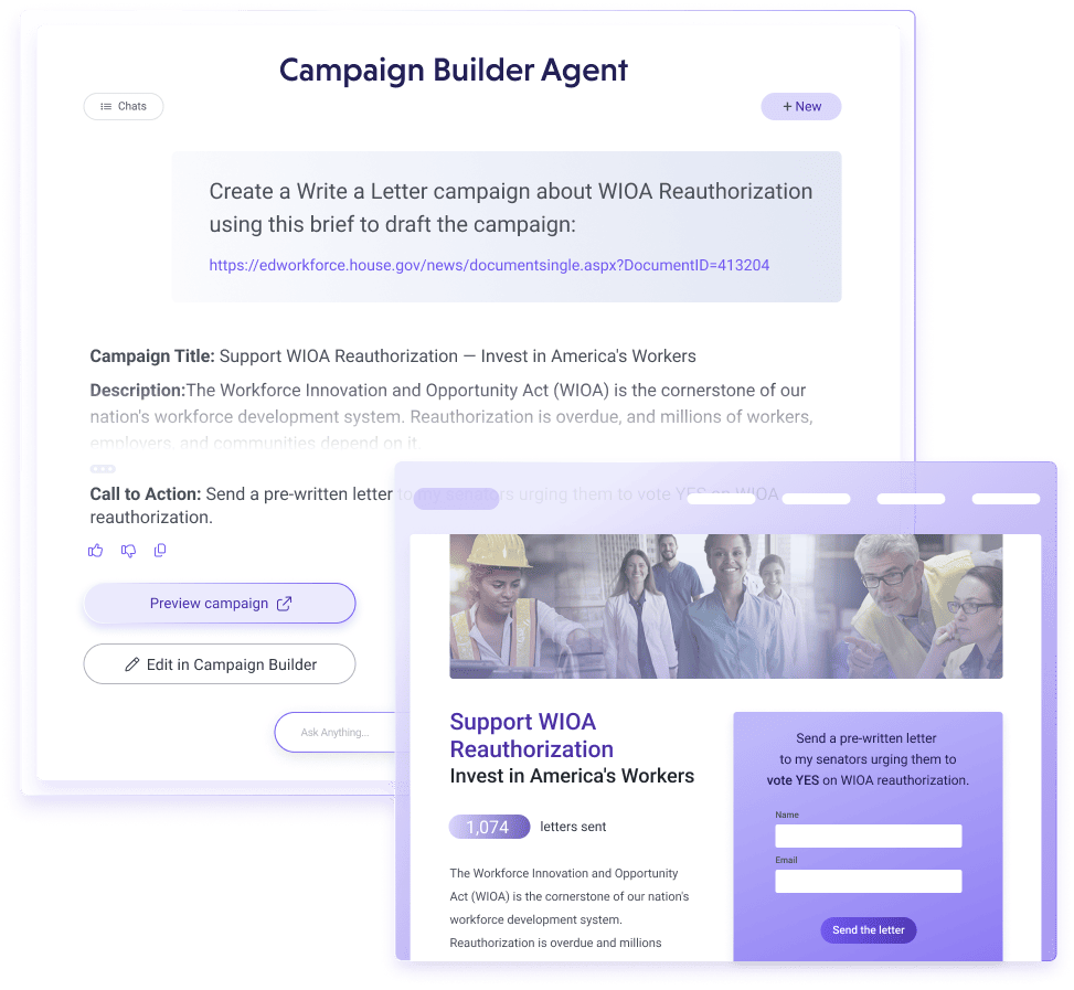 Campaign Builder Agent drafting a ready-to-launch Write a Letter campaign