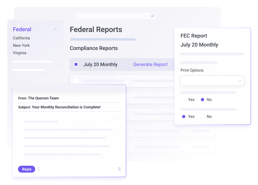FEC compliance dashboard with filing status