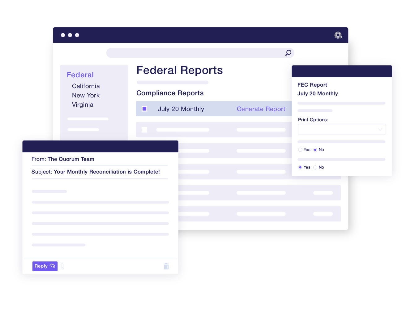 FEC compliance dashboard with filing status