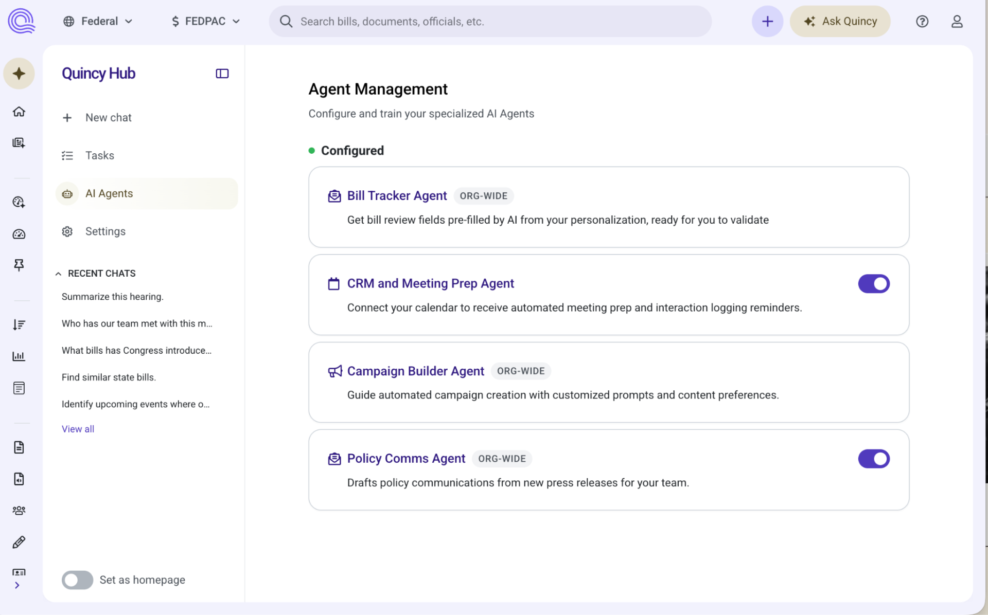 Quincy Hub Agent Management screen showing configured AI agents: Bill Tracker Agent, CRM and Meeting Prep Agent, Campaign Builder Agent, and Policy Comms Agent
