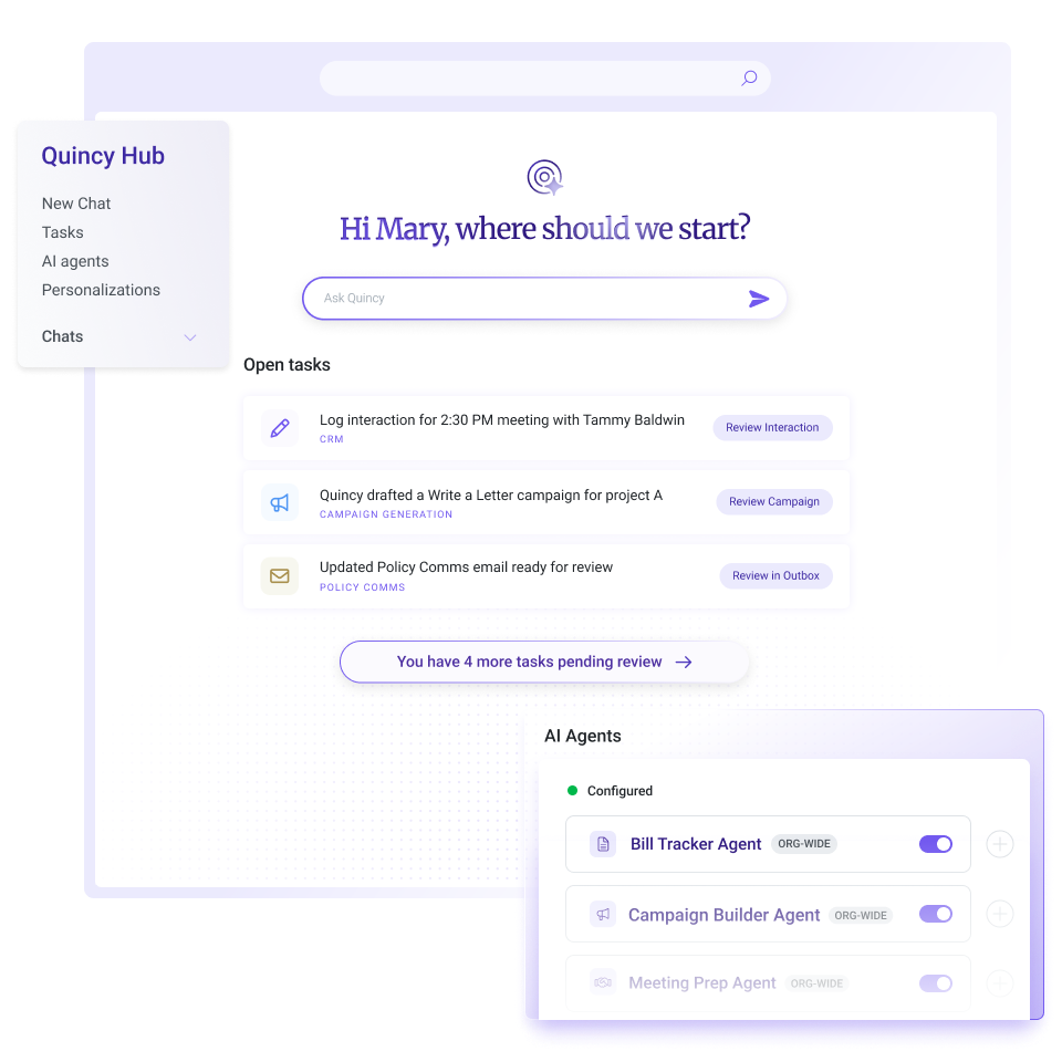 Quincy Hub homepage showing the Quincy chat prompt, a list of open tasks, and the AI Agents panel