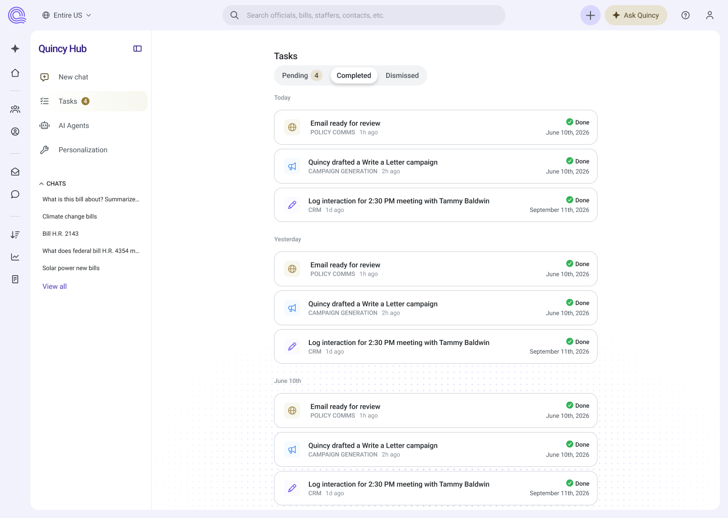Quincy Hub Tasks screen, Completed tab, showing a list of finished AI agent tasks organized by date
