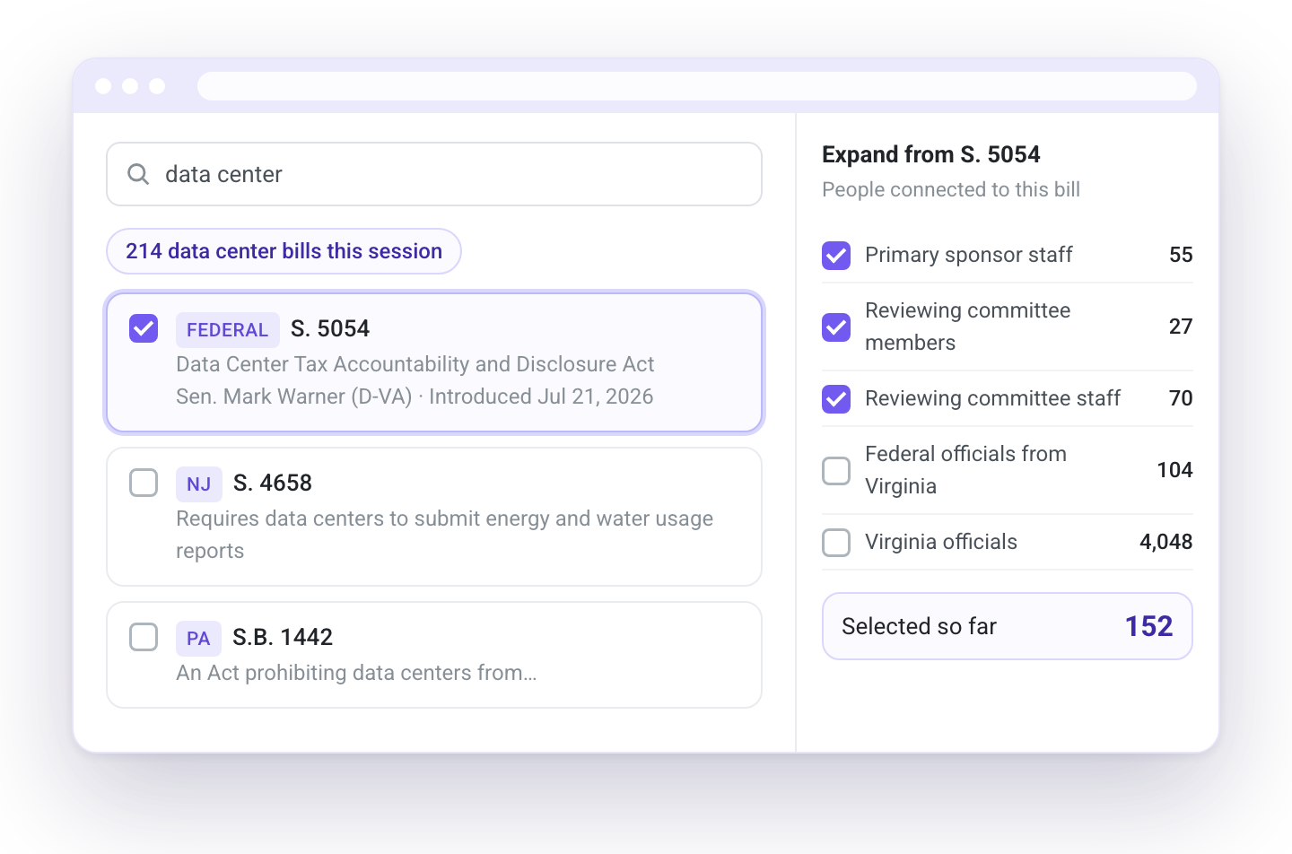 Quorum Audience Builder selecting officials and staff connected to a bill