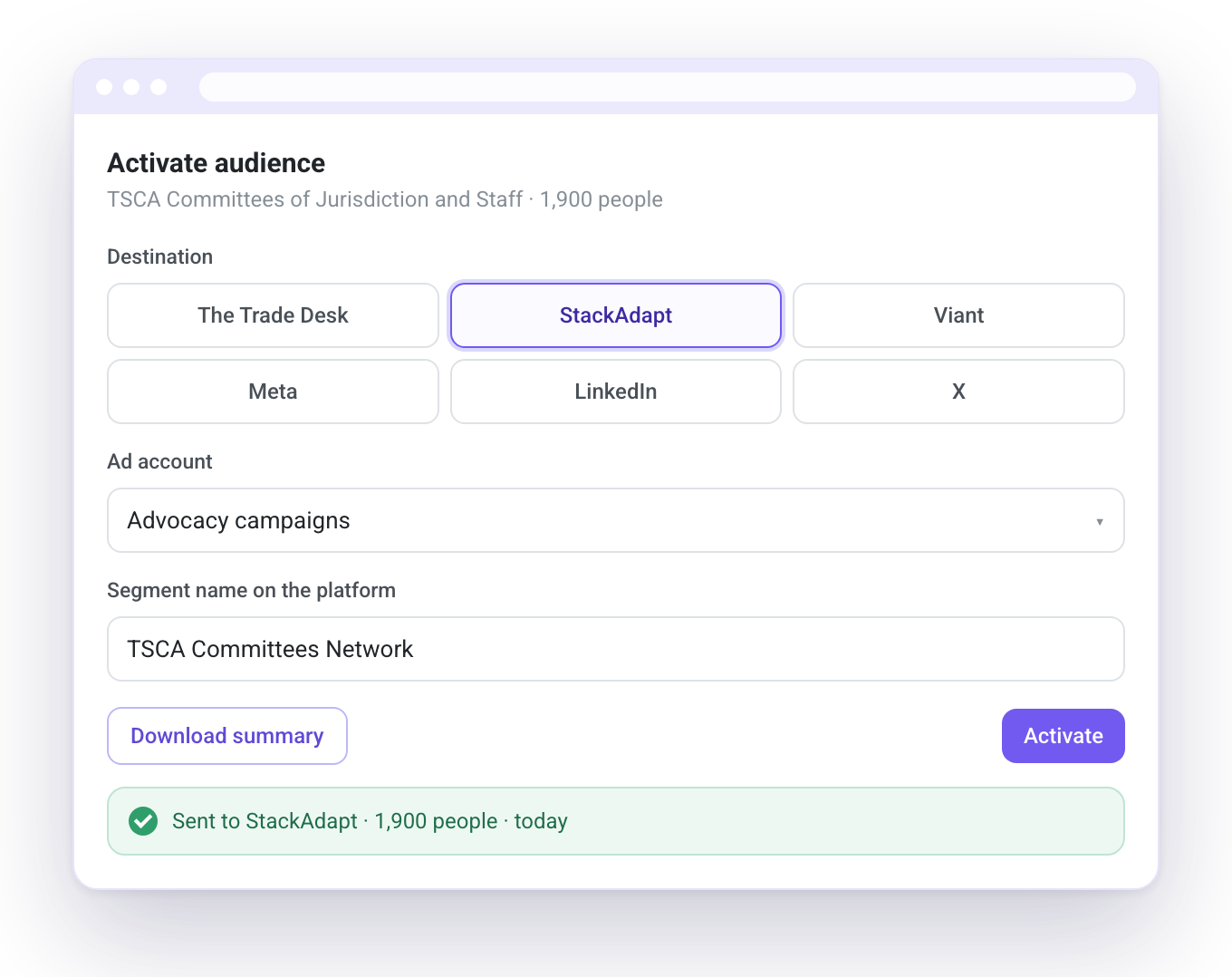 Activate audience panel with destination platform, ad account and segment name fields