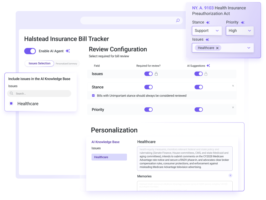 AI Bill Tracking workspace showing the Review Configuration settings with the AI Agent enabled, an AI Knowledge Base for the Healthcare issue, and a suggested stance, priority and issue for a sample bill